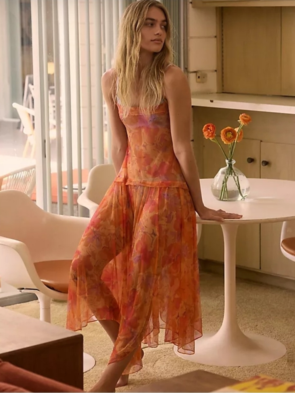 Free People Orange Pink Floral Maxi Dress